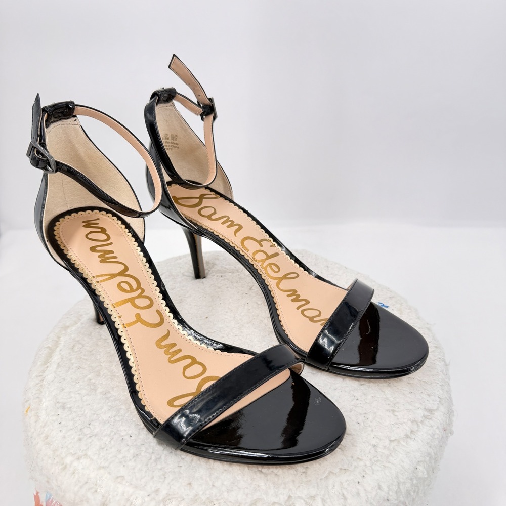 Sam Edelman Patti Heel Sandal Womens 8.5 Black Patent Stiletto Ankle Strap